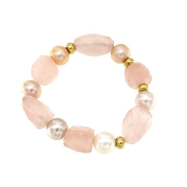 Bracciale di perle coltivate naturali di acqua dolce e quarzo rosa