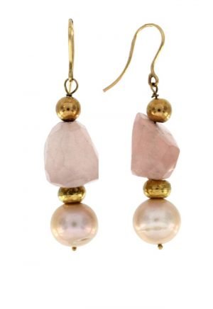 Orecchini pendenti in oro con quarzo rosa e perle naturali di acqua dolce