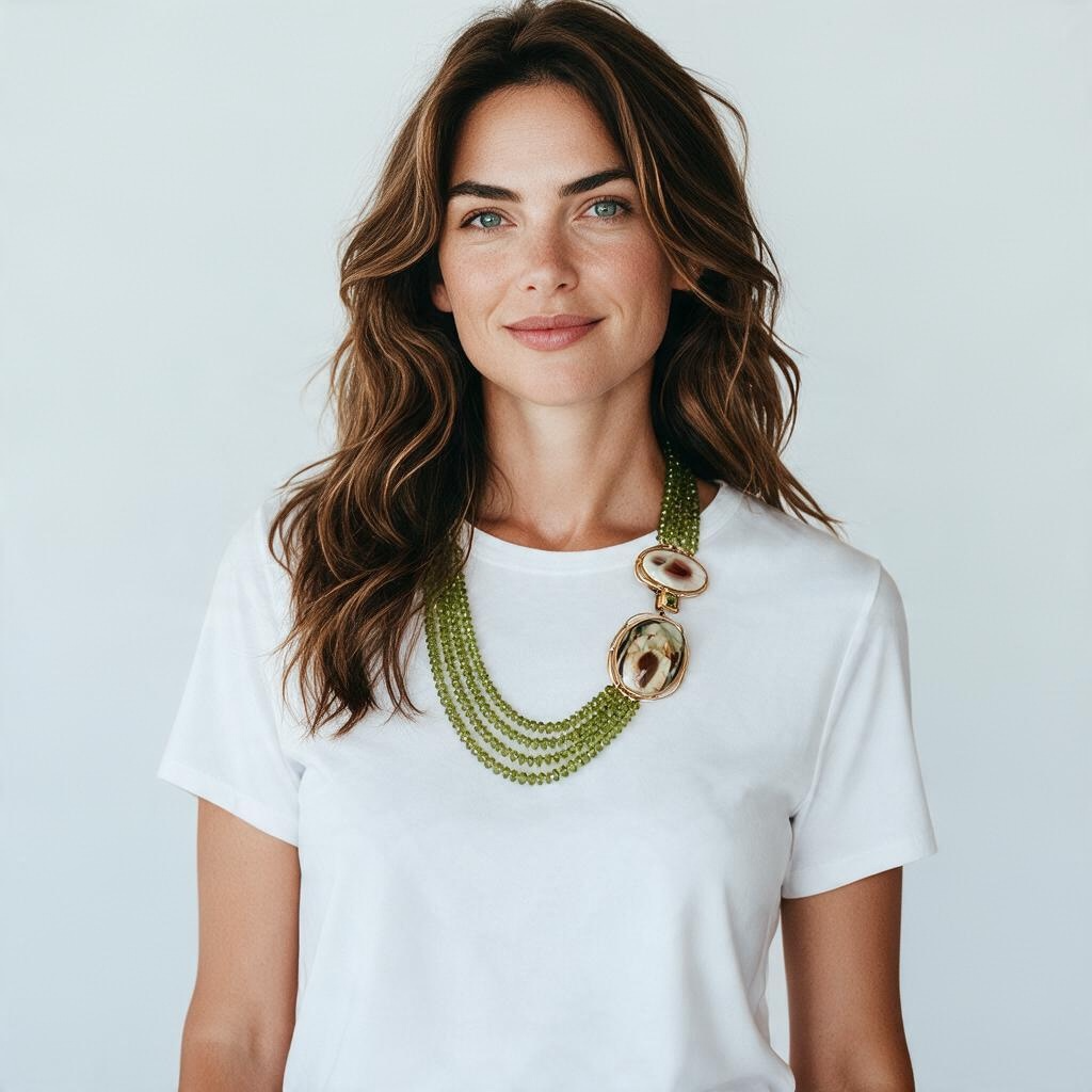 Collana multifilo in peridoto e fermezza in diaspro oceanico