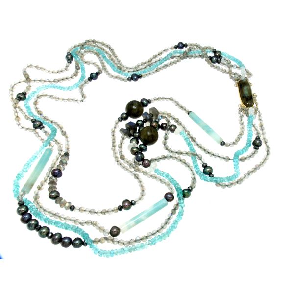 Collana multifili di labradorite apatite amazzonite