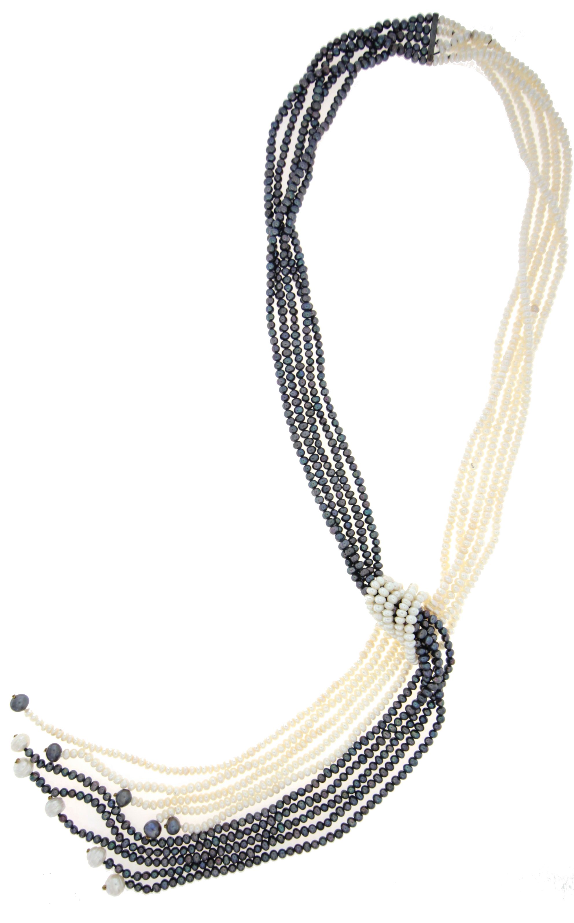 Collana di perle coltivate grige e bianche con nodo a sciarpa